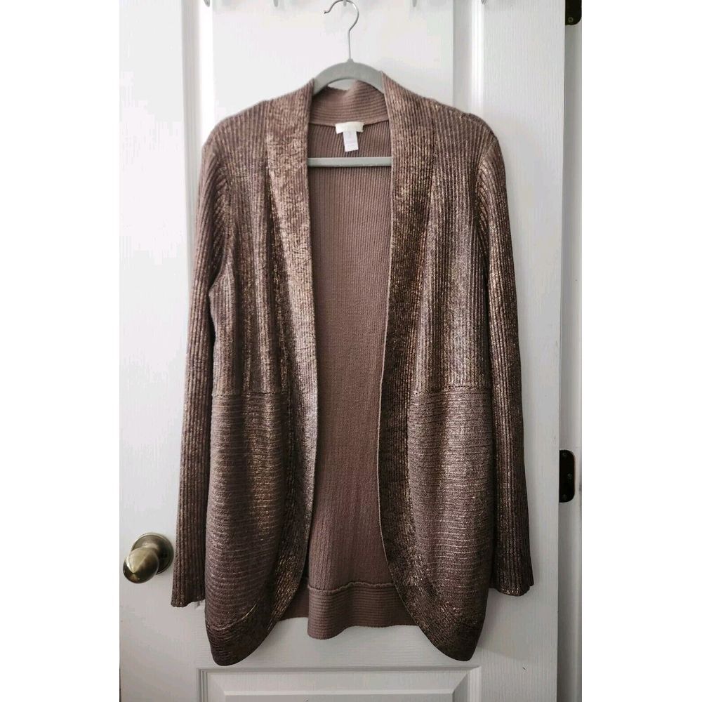 Chico's Metallic Womens Cardigan Open Front Long Sleeve Ribbed Knit Sweater‎ 3